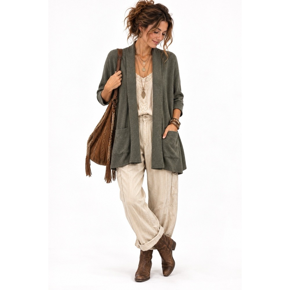 Pact Organic Cotton Cardigan Sweater XS Green Pockets Boho Cottagecore Lounge